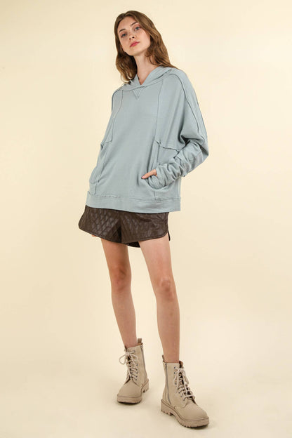 NT11689-Raw Edge Cute Detail Hoodie Knit Top