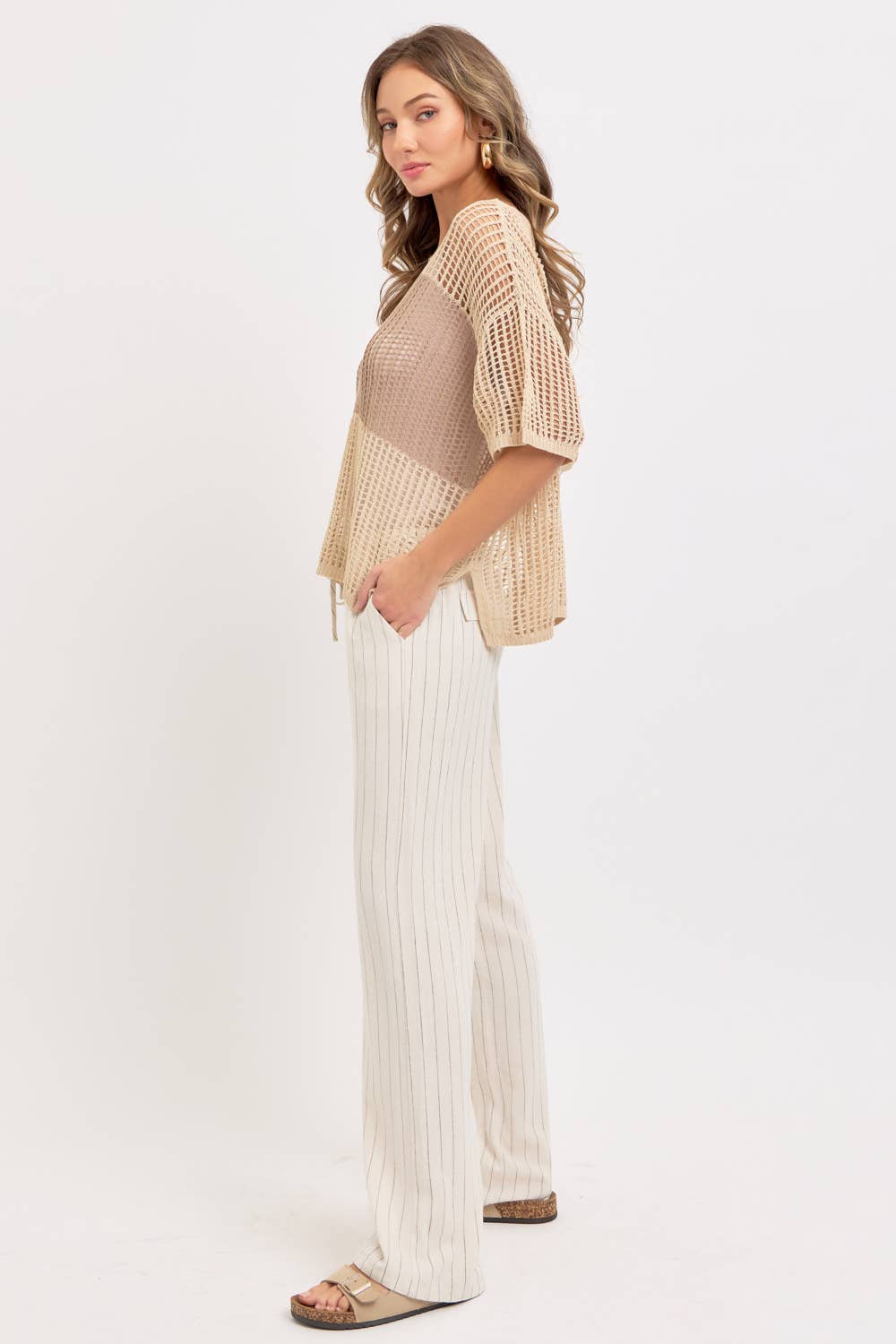 LINEN BLEND STRIPED  PULL ON PANTS