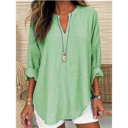 CWTBLL0260_Blouse Linen Long Sleeve Casual V Neck Top