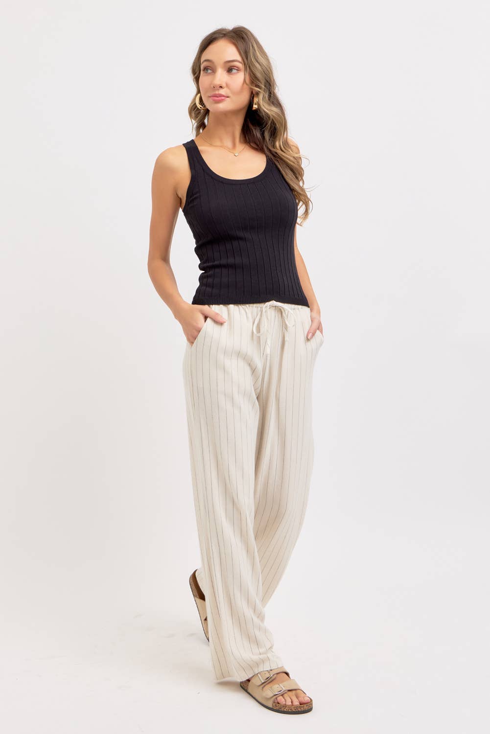 LINEN BLEND STRIPED  PULL ON PANTS