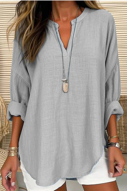 CWTBLL0260_Blouse Linen Long Sleeve Casual V Neck Top