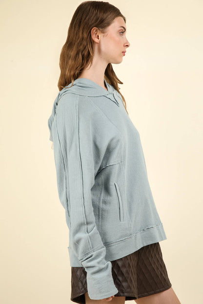 NT11689-Raw Edge Cute Detail Hoodie Knit Top