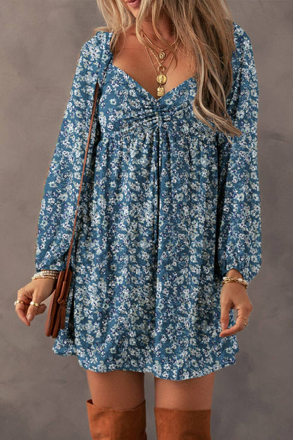 Floral Print Sweetheart Neck Shirred Back Mini Dress