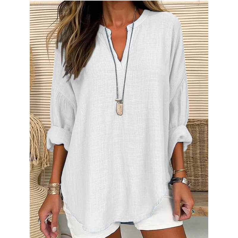 CWTBLL0260_Blouse Linen Long Sleeve Casual V Neck Top