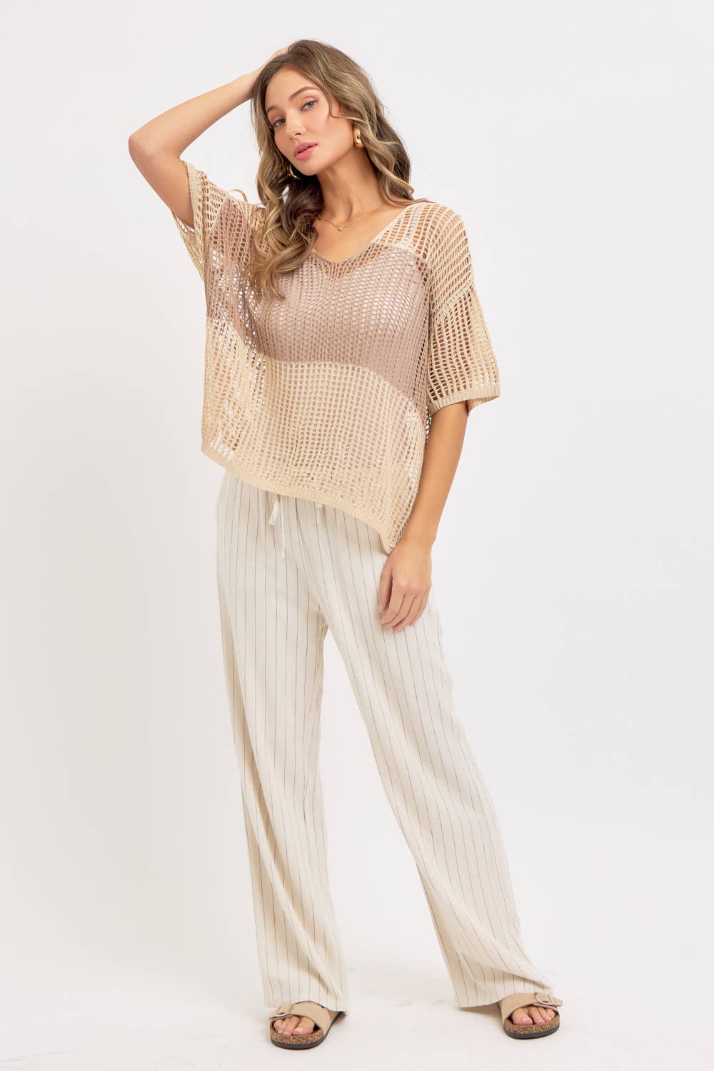 LINEN BLEND STRIPED  PULL ON PANTS