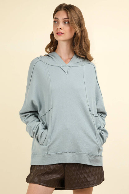 NT11689-Raw Edge Cute Detail Hoodie Knit Top