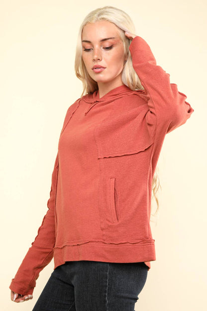 NT11689-Raw Edge Cute Detail Hoodie Knit Top