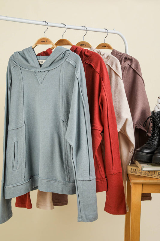 NT11689-Raw Edge Cute Detail Hoodie Knit Top