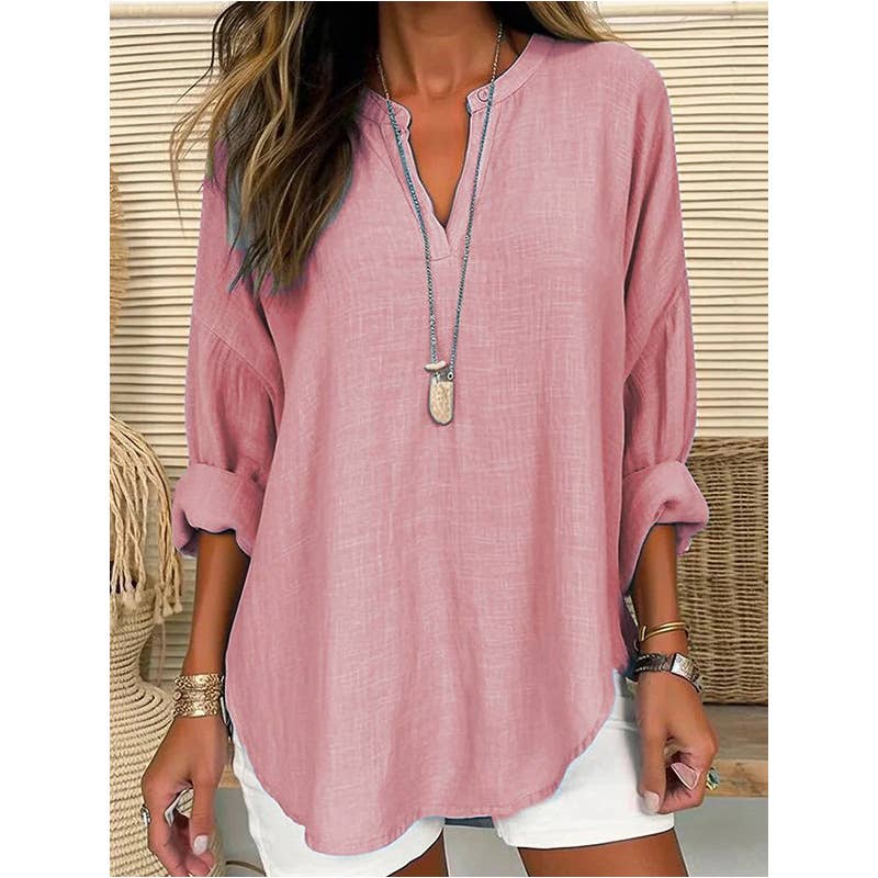 CWTBLL0260_Blouse Linen Long Sleeve Casual V Neck Top