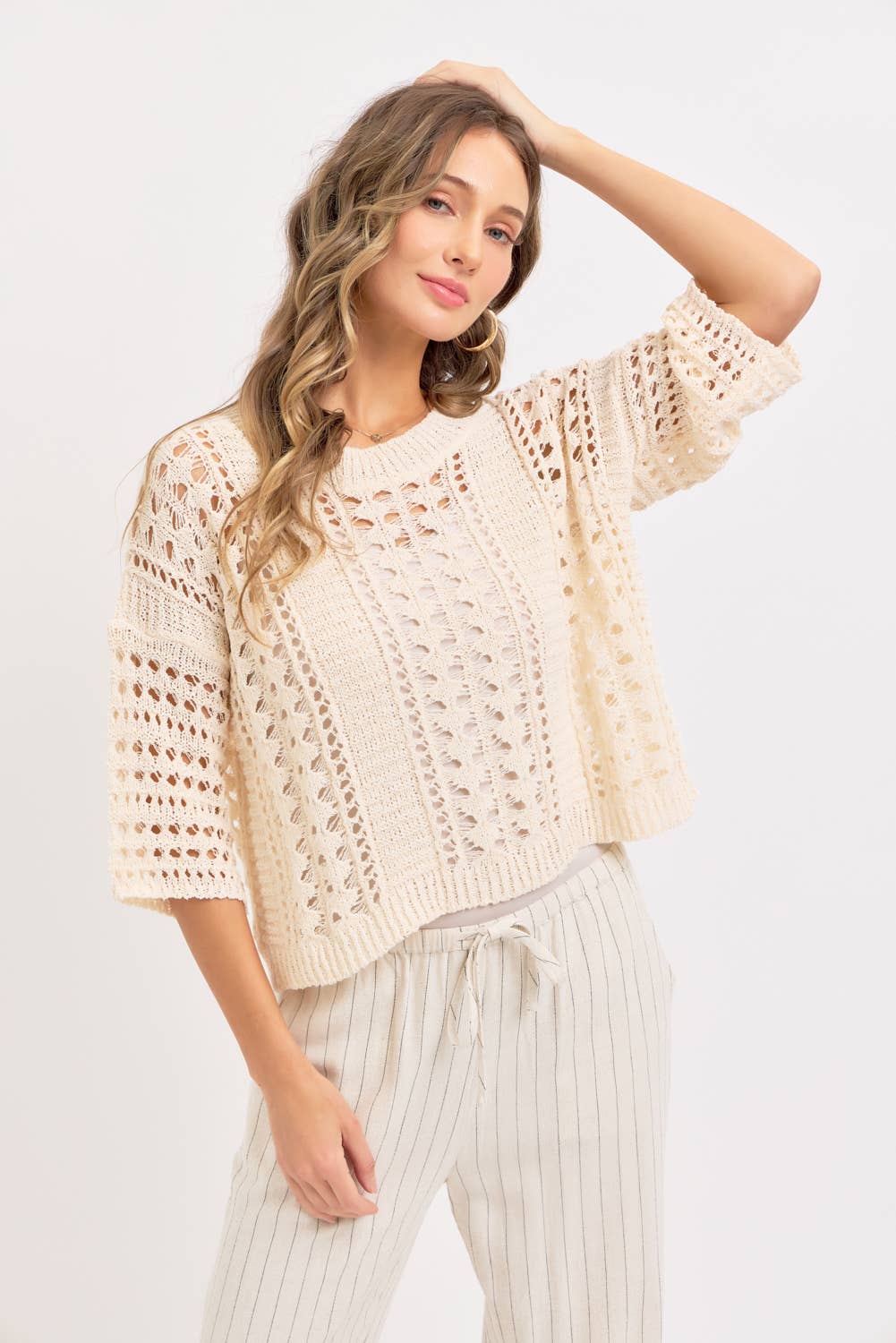 LINEN BLEND STRIPED  PULL ON PANTS