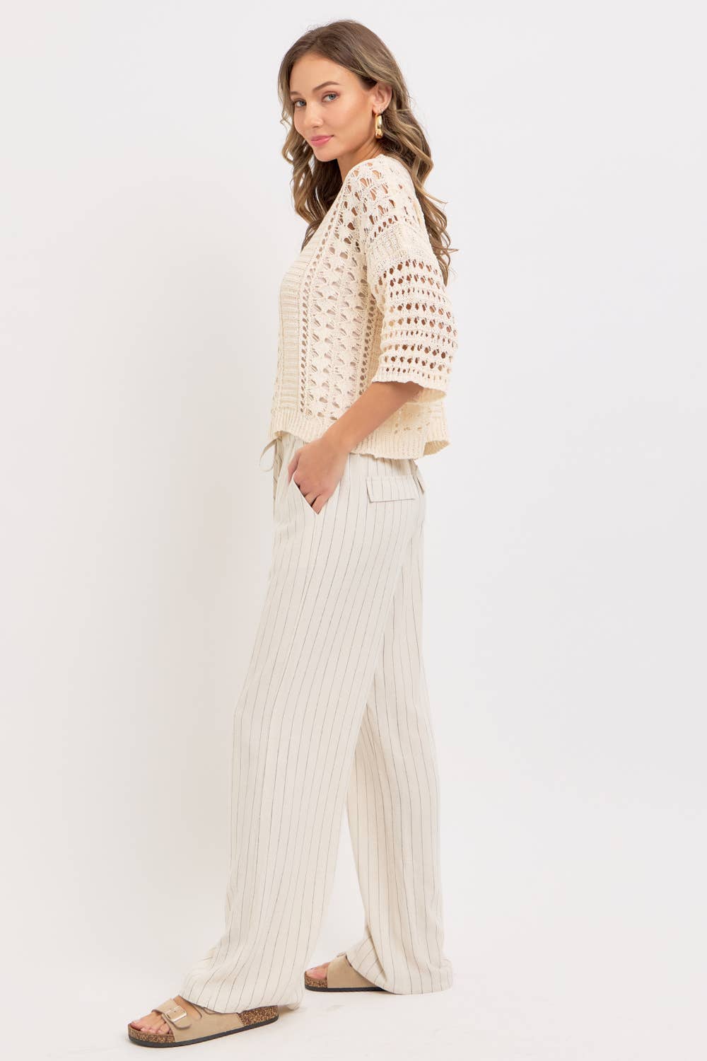 LINEN BLEND STRIPED  PULL ON PANTS