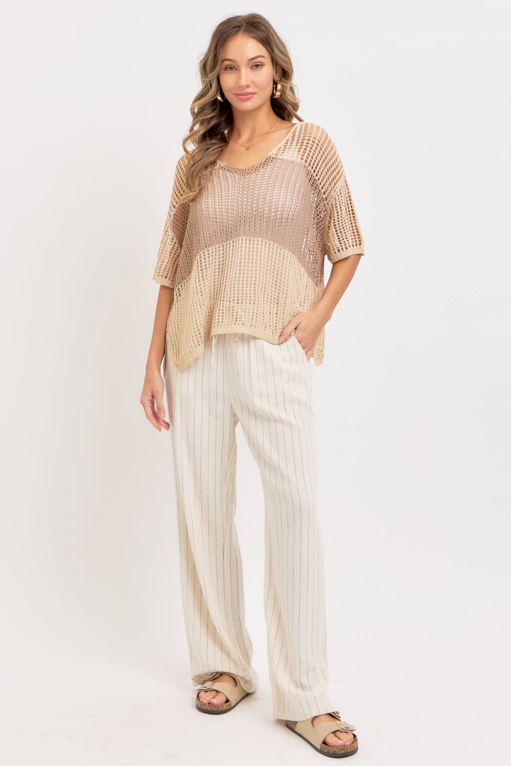 LINEN BLEND STRIPED  PULL ON PANTS