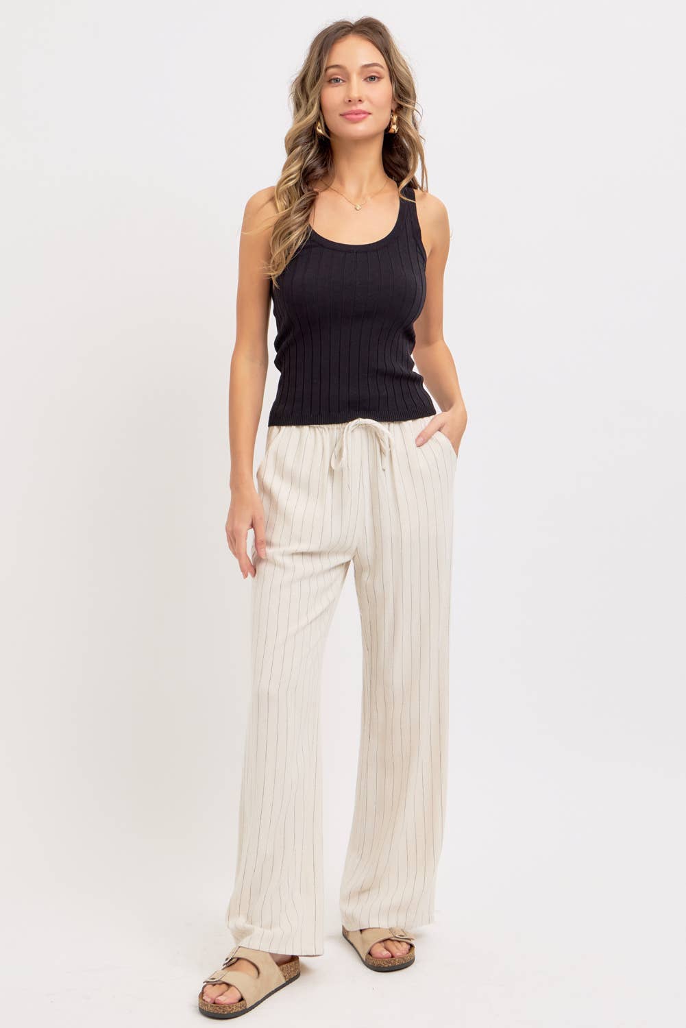LINEN BLEND STRIPED  PULL ON PANTS