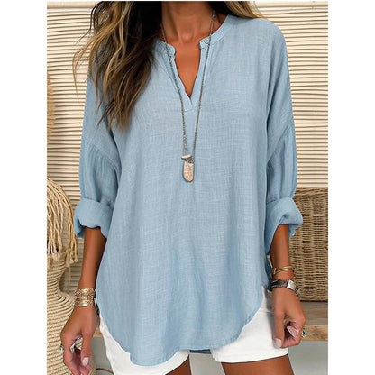 CWTBLL0260_Blouse Linen Long Sleeve Casual V Neck Top