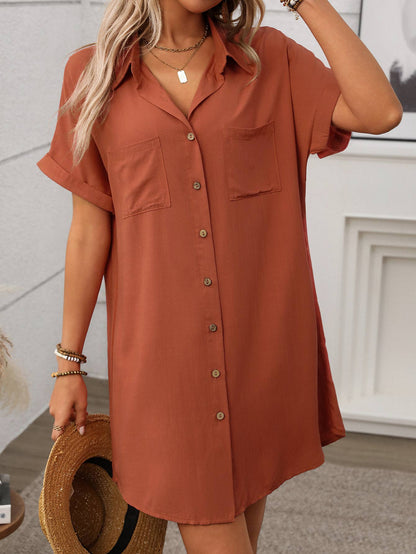 Short-sleeved striped cotton linen dress