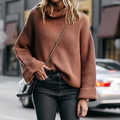 HIGH NECK LOOSE SOLID COLOR WAFFLE SWEATER