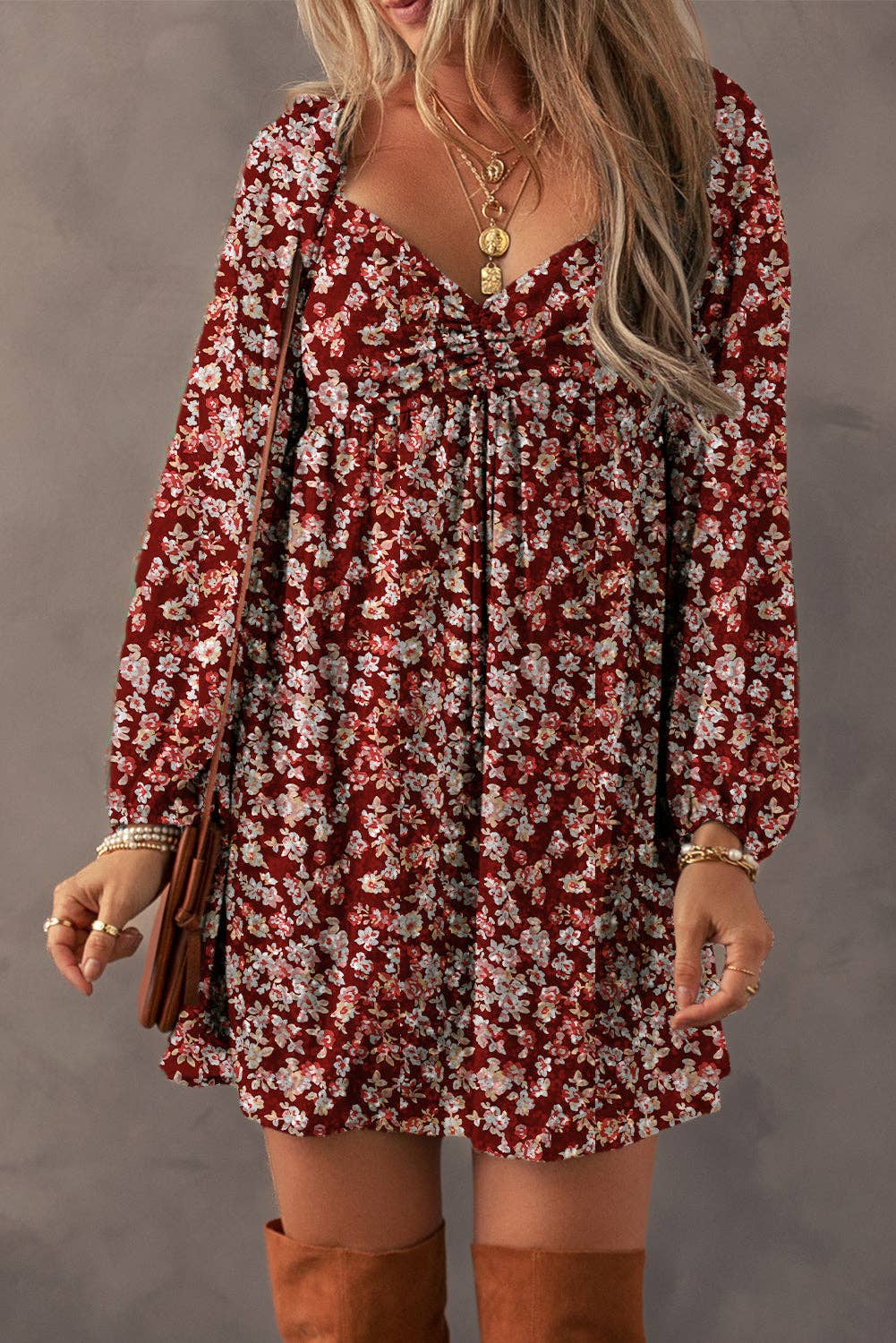 Floral Print Sweetheart Neck Shirred Back Mini Dress