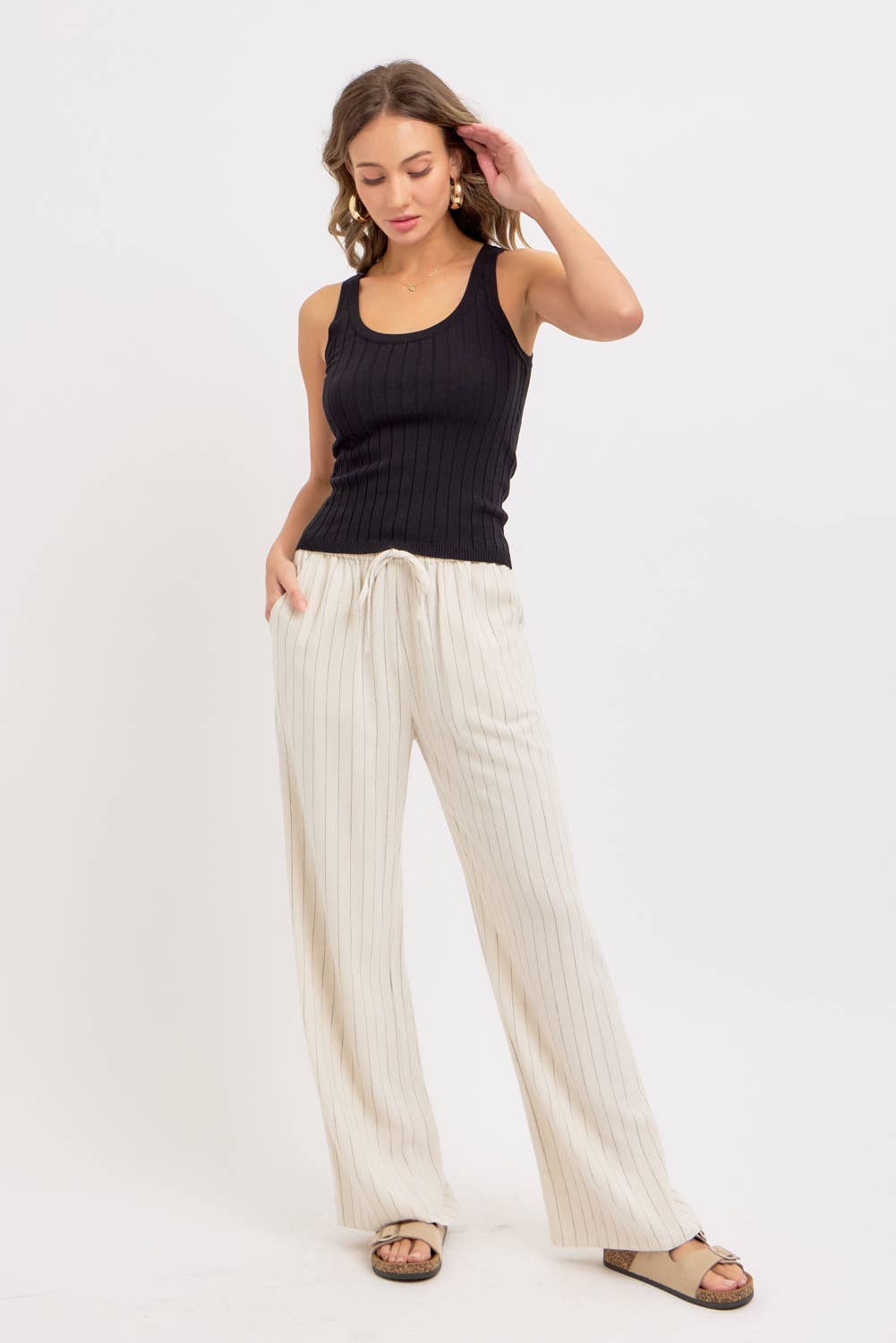 LINEN BLEND STRIPED  PULL ON PANTS